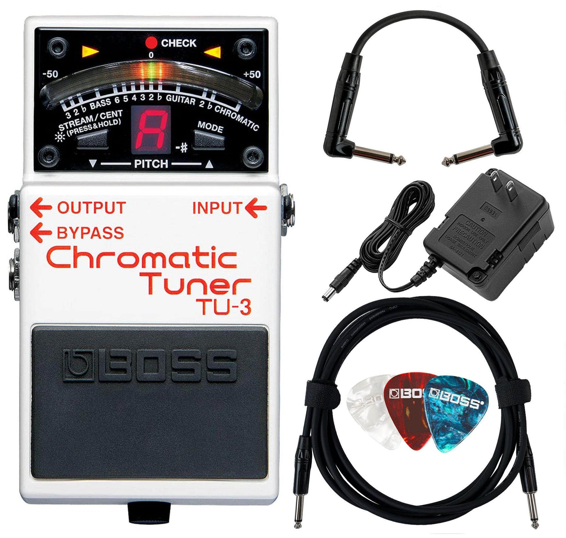 Boss TU-3 Paquete de pedal de afinador cromático con fuente de alimentación Gearlux, cable de instrumento, cable de conexión y púas