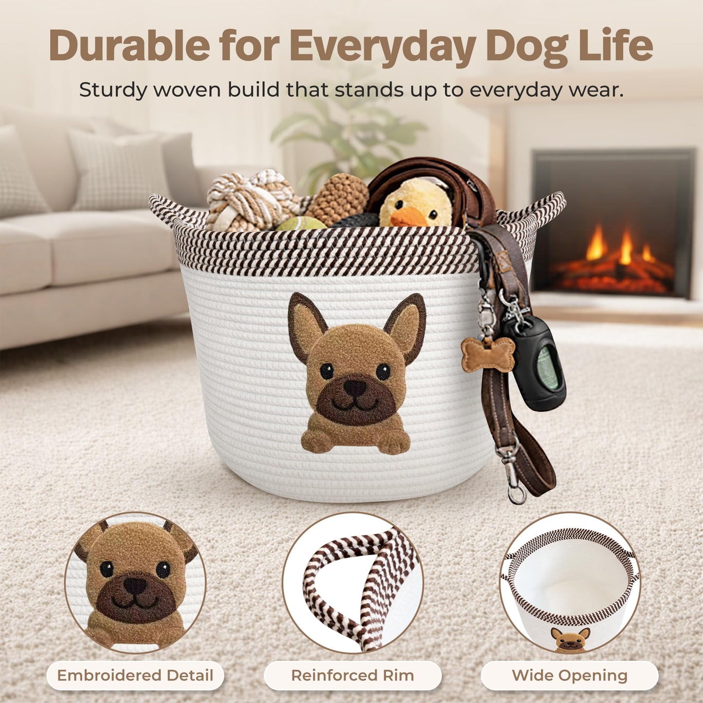 Cesta de juguetes para perros French Bulldog, Pug y Boston Terrier, cesta de almacenamiento tejida de cuerda de algodón de 15x11 pulgadas con parche de cachorro, organizador grande para mascotas para