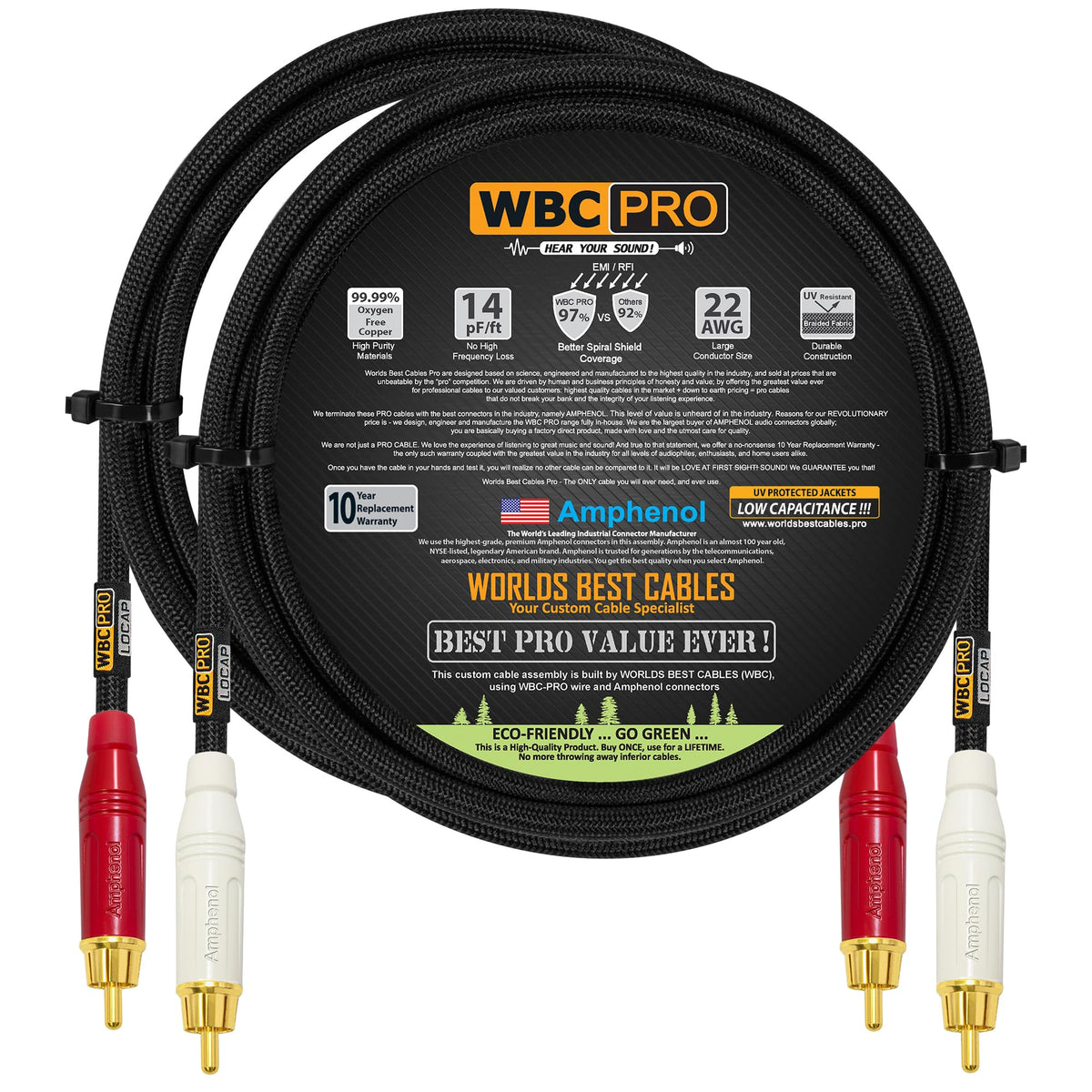 Cables RCA Worlds Best Cables 5 Pies Amphenol ACPR Gold de Menor Capacitancia Ultra Silencioso Audiófilo de Grado Profesional