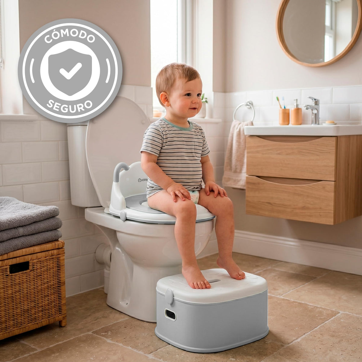 BEBBLY Bañito Entrenador Infantil 3 en 1, Bacinica, Asiento Reductor y Banco con Almacenamiento Antiderrapante para Niños de 6 Meses a 3 Años, Fácil de Limpiar, para Aprender a ir al Baño (Gris)