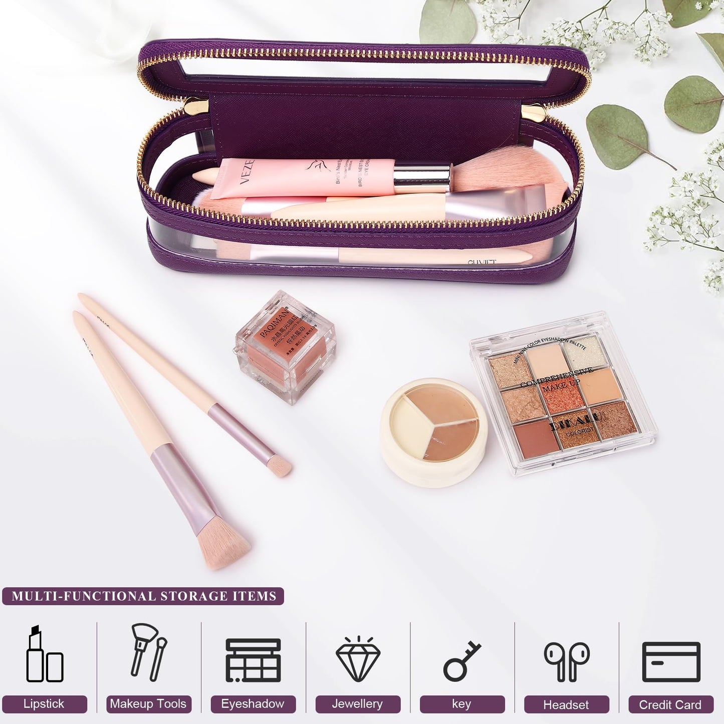 Pinkmik - Estuche para brochas de maquillaje transparente para viajes, bolsa de cosméticos y artículos de cambiador, bolsa de maquillaje delgada con cierre, organizador de cartera pequeño, esencial