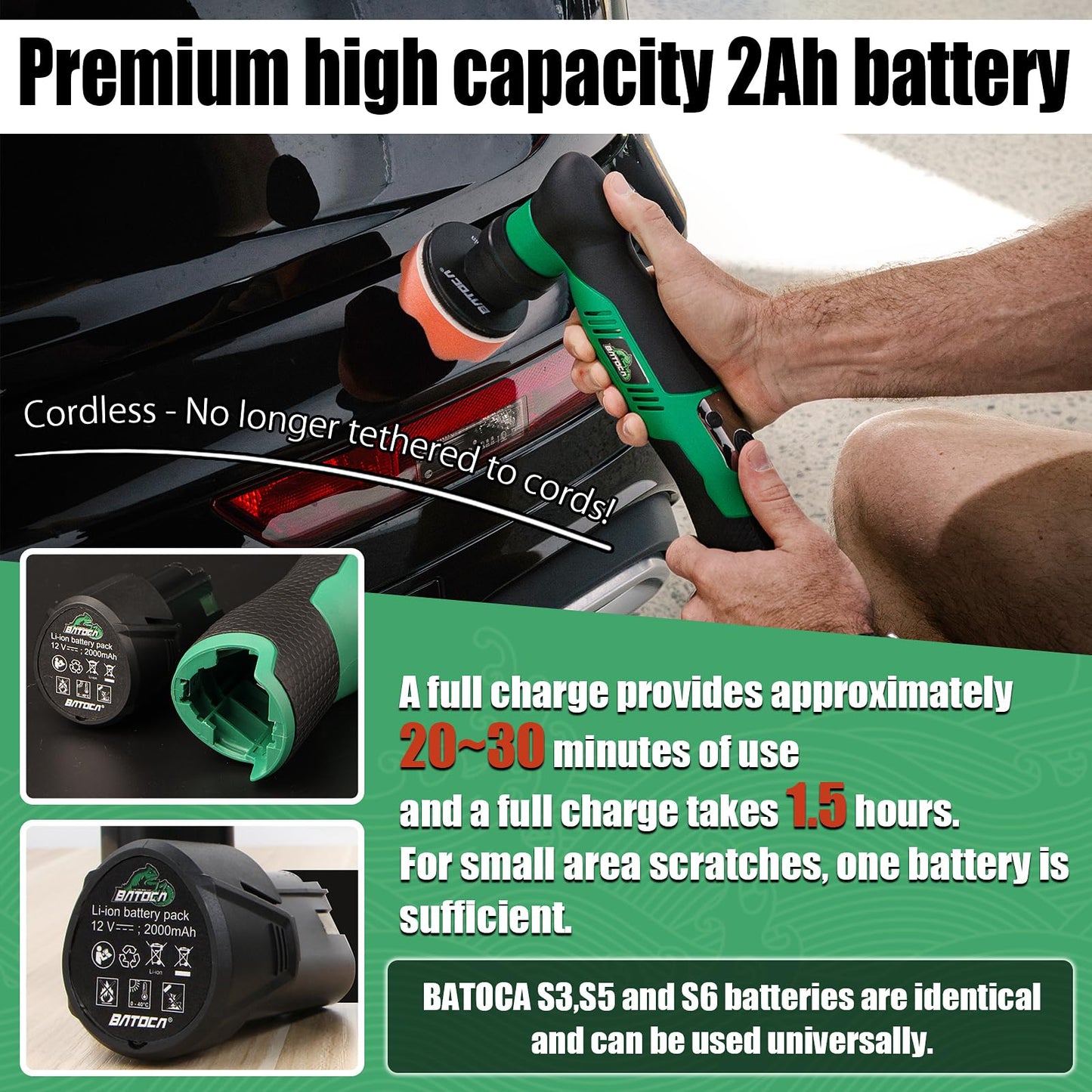 BATOCA S5 - Mini pulidora inalámbrica para coche, doble acción y mini máquina de pulir rotativa, 1 batería de 12 V 2 A con kit de almohadillas para orejas de pulido de 1 pulgada 3 pulgadas para coche