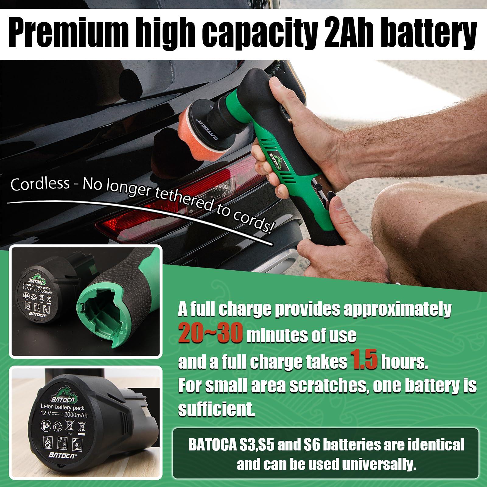 BATOCA S5 - Mini pulidora inalámbrica para coche, doble acción y mini máquina de pulir rotativa, 1 batería de 12 V 2 A con kit de almohadillas para orejas de pulido de 1 pulgada 3 pulgadas para coche