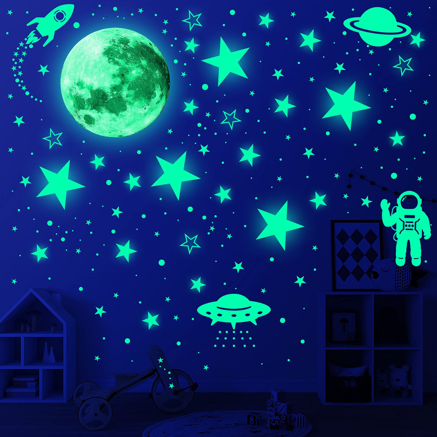 1078 piezas de estrellas que brillan en la oscuridad para planetas de techo, galaxia, espacial, guardería, pegatinas de pared, cohete, astronauta, decoración de habitación de niños y niños