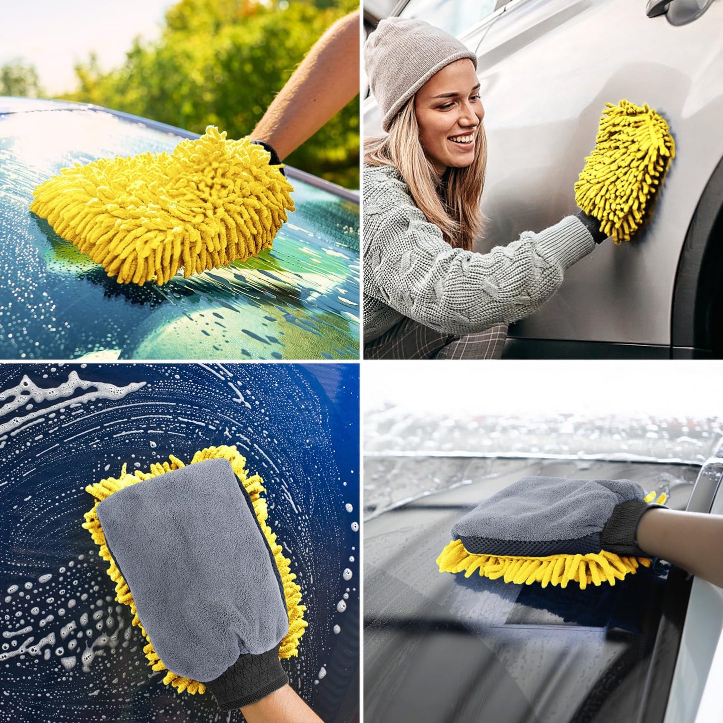 DASKING Kit Limpieza Coche, Guante y Toallas de Microfibra Premium de Lavado Coche, 2PCS Toallas (30 * 40cm) y 1PC Guante para la Limpieza de vehículo, Juego de Limpieza para Automóviles,Amarillo