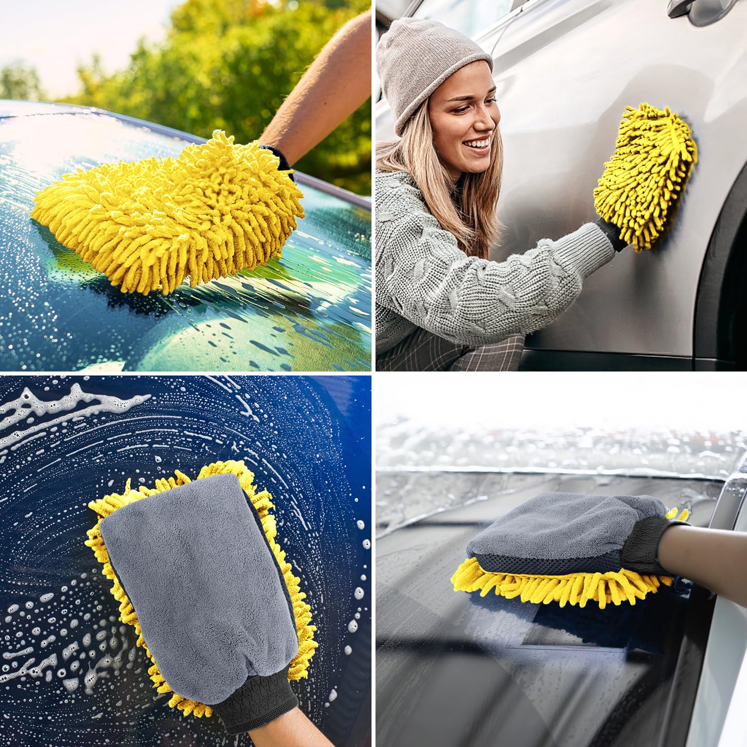 DASKING Kit Limpieza Coche, Guante y Toallas de Microfibra Premium de Lavado Coche, 2PCS Toallas (30 * 40cm) y 1PC Guante para la Limpieza de vehículo, Juego de Limpieza para Automóviles,Amarillo