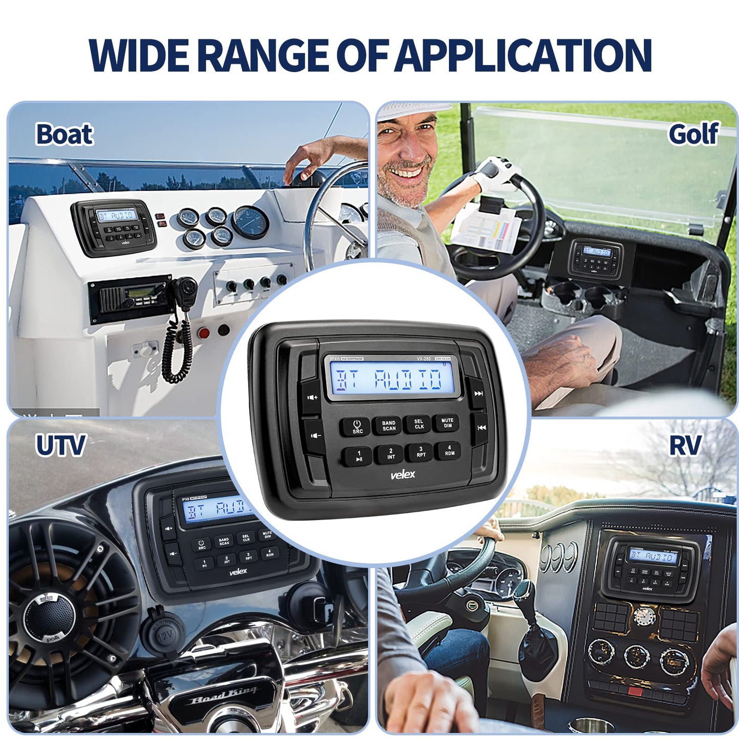 Radio Estéreo Velex Powersport Marine Bluetooth Blanco con Sintonizador AM FM para UTV ATV