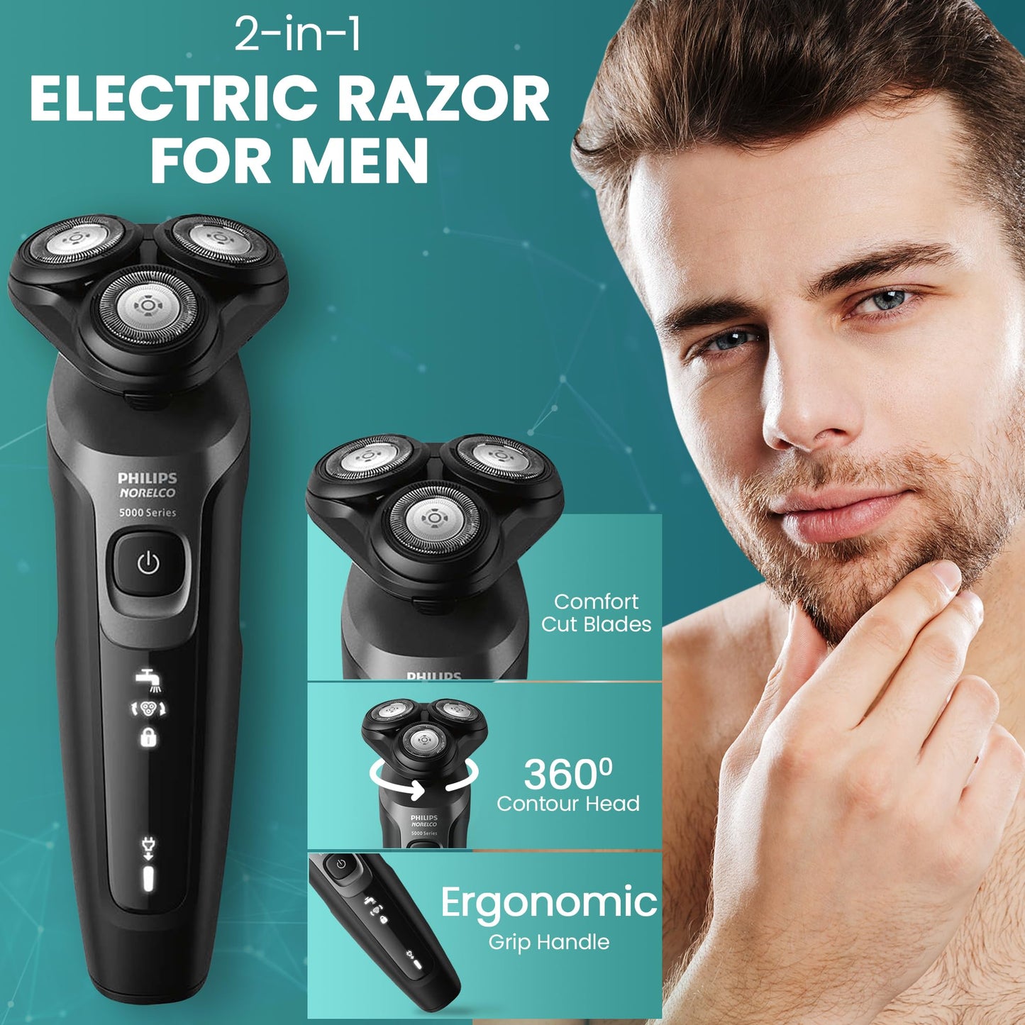 Lingtoolator lco Electric Shavers for Men, Rechargeable AquaTouch Mens Electric Shaver Wet and Dry with Comfort Cut Blades and Click-on Precision Trimmer, Cordless Electric Razors with 5D Flex Head