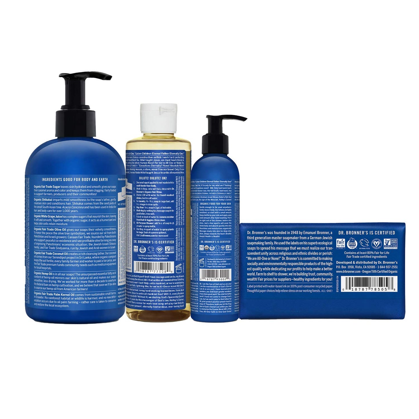 Dr. Bronner's | Set de Regalo Orgánico de Menta con Jabón de Azúcar de 355 ml, Jabón Líquido de Castilla de 240 ml, Crema corporal de 240 ml y Jabón en Barra de Castilla de 140 g