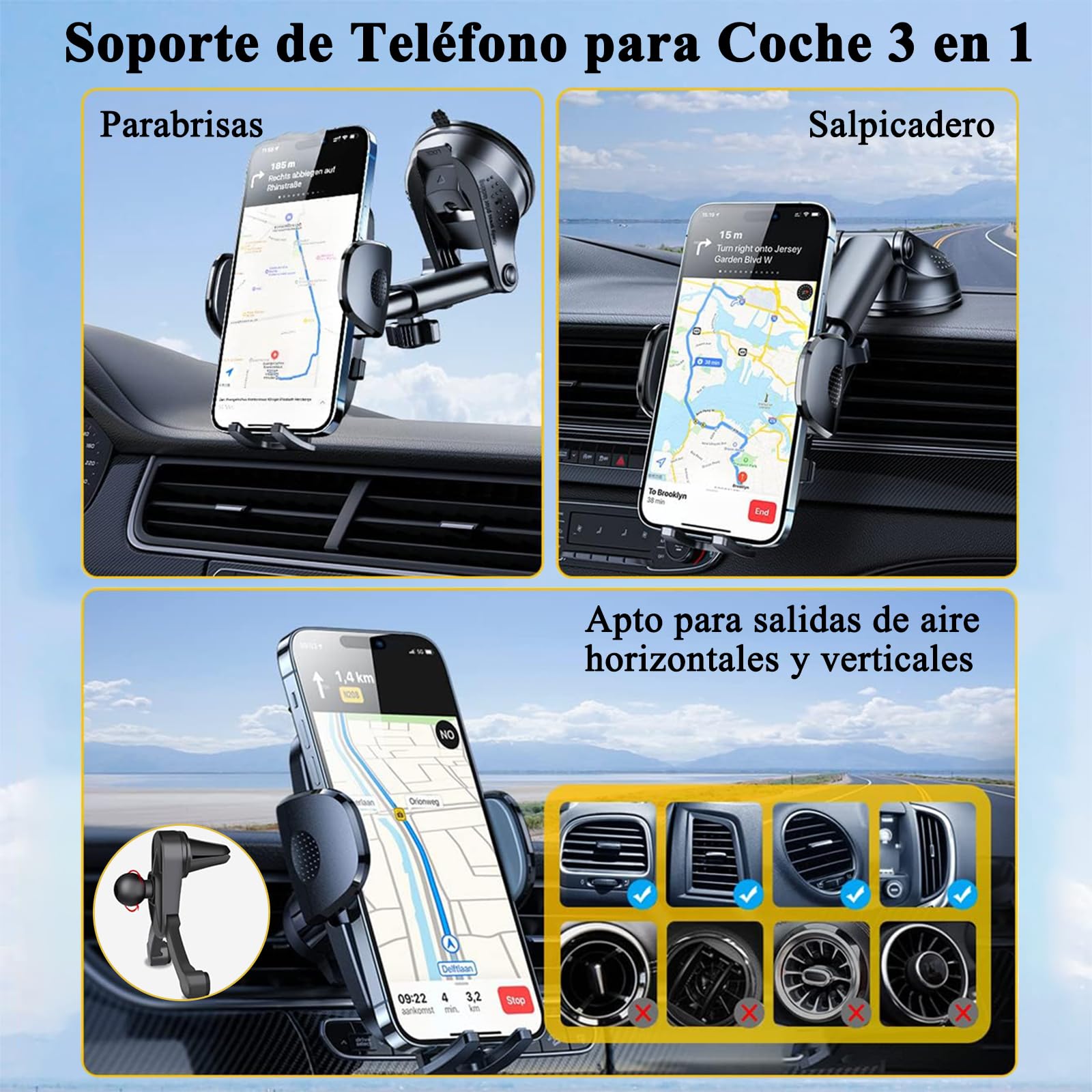 Soporte Celular Automóvil 3 en 1,Base Celular Auto Tablero,Soport Celular Auto,Soporte Universal para Parabrisas/Salpicadero/Ventilación, Accesorios Auto Para IPhone 15/14 , Xiaomi, Motorola, Huawei