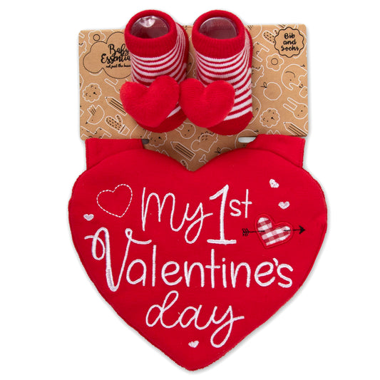Baby Essentials - Juego de babero y calcetín para bebé, diseño de corazón rojo con botines de calcetín, regalo perfecto de San Valentín para recién nacidos