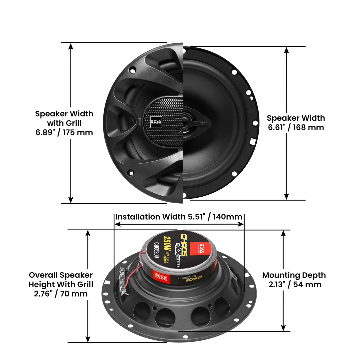 BOSS Audio Systems CH6520B Chaos Series - Altavoces estéreo para puerta de coche de 6.5 pulgadas, 250 vatios máximo, 2 vías, audio de rango completo, altavoz de agudos de 1 pulgada, coaxial, se venden