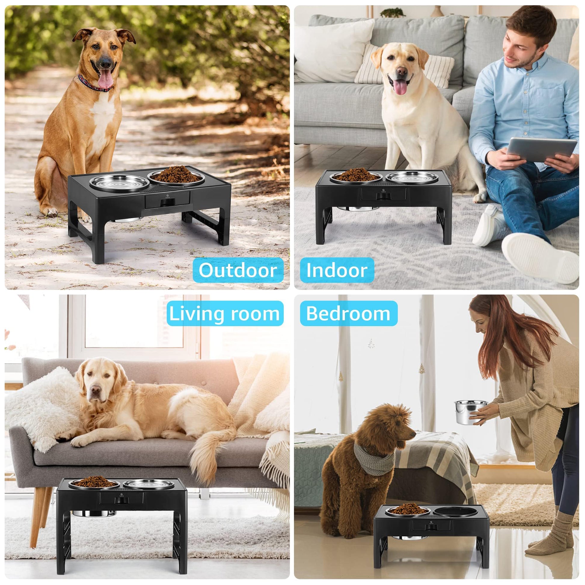 Lapensa Cuencos Elevados Para Perros, Cuenco Profundo Para Perros Elevado De Acero Inoxidable Con Soporte Ajustable, Cuenco Doble Para Comida Y Agua Para Perros Medianos Y Grandes, 3 Alturas 3.9", 7.8