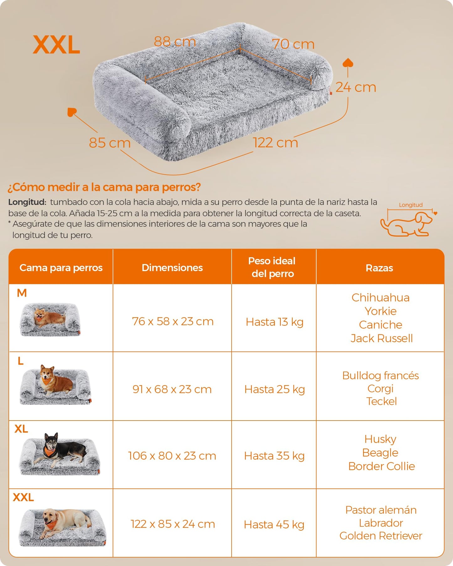 Cama para Perros Feandrea Gris Ombré XXL con Funda Lavable y Extraíble para Mascotas Grandes