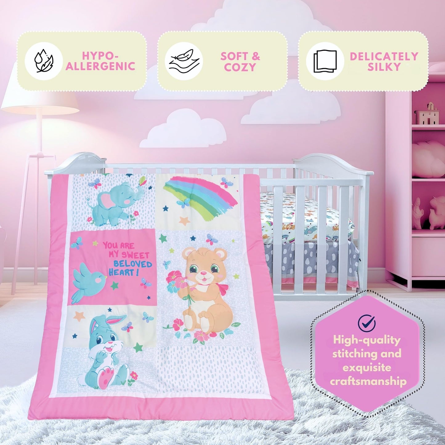 TrenD'Lay - Juego de ropa de cama para cuna de bebé y niña, juego de edredón de cuna para niñas, juego de cama de bebé, juego de cama de cuna para niña.