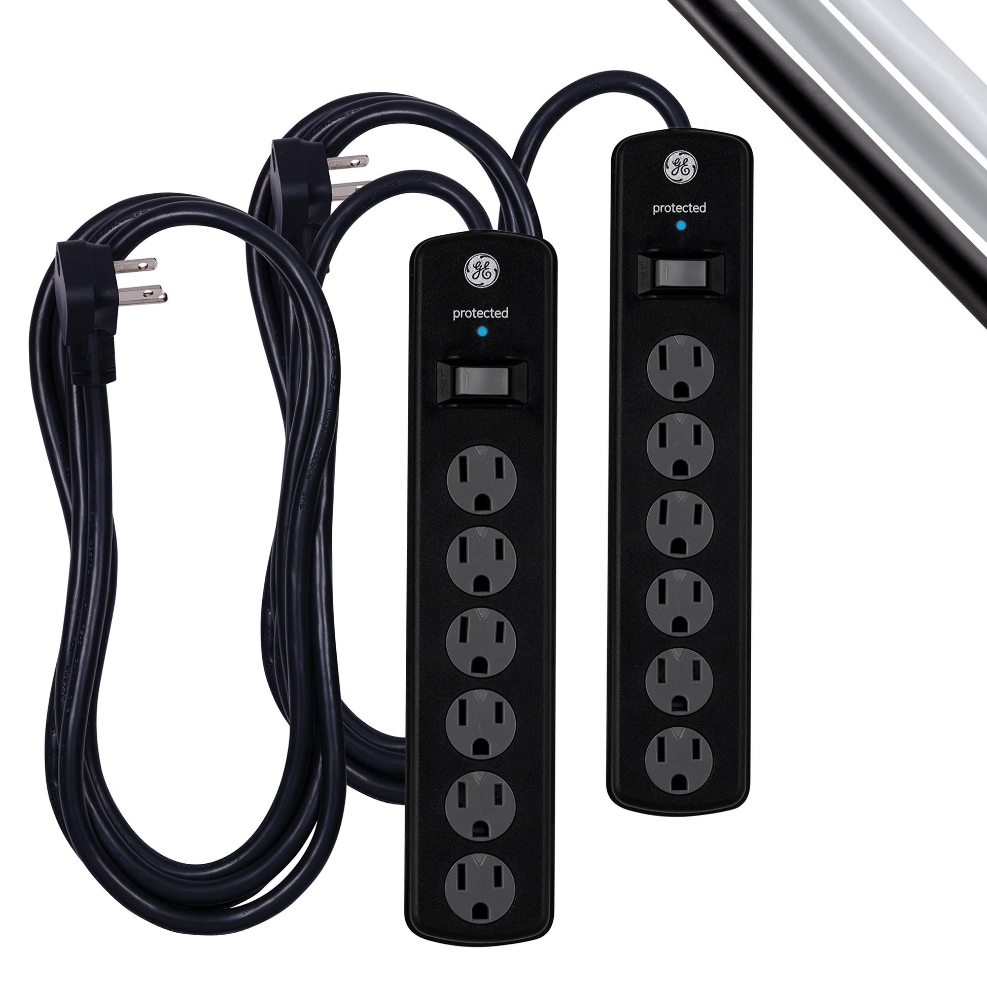 GE Tira Multicontactos De 6 Salidas Con Supresor De Picos Y Enchufe Plano, Cable De Extensión De 2.4 Metros (8 Pies), 1300 Julios, Cubiertas De Seguridad Con Giro Para Cerrar, Negro, 2 Unidades, 54643