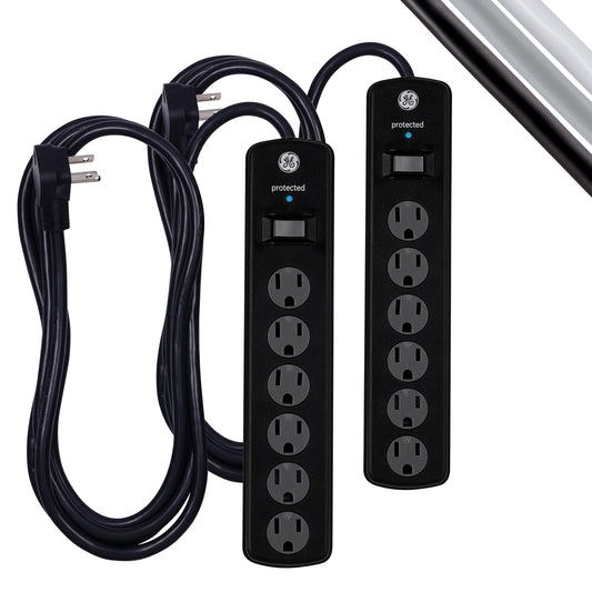 GE Tira Multicontactos De 6 Salidas Con Supresor De Picos Y Enchufe Plano, Cable De Extensión De 2.4 Metros (8 Pies), 1300 Julios, Cubiertas De Seguridad Con Giro Para Cerrar, Negro, 2 Unidades, 54643