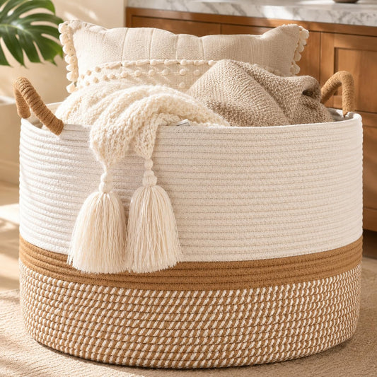 KAKAMAY - Cesta de manta grande (50.8 x 33.02 cm), cestas tejidas para almacenamiento de ropa de bebé, cesta de manta de cuerda de algodón para sala de estar, lavandería, guardería, almohadas, pecho