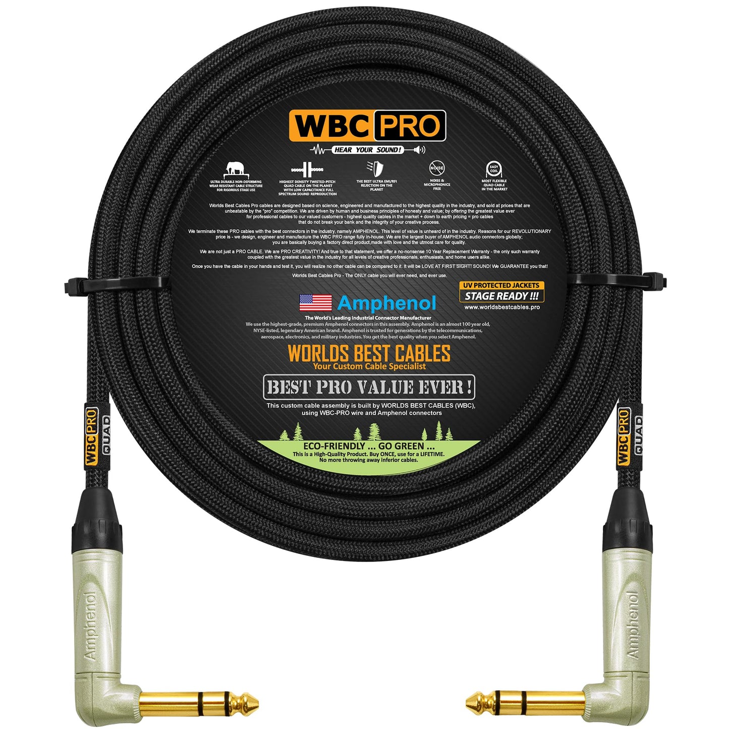 Cable Balanced WBC-PRO Star-Quad Negro Ultra Silencioso Ultra Flexible con Conectores TRS Estéreo de Oro Amphenol ¼ Pulgadas para Instrumentos