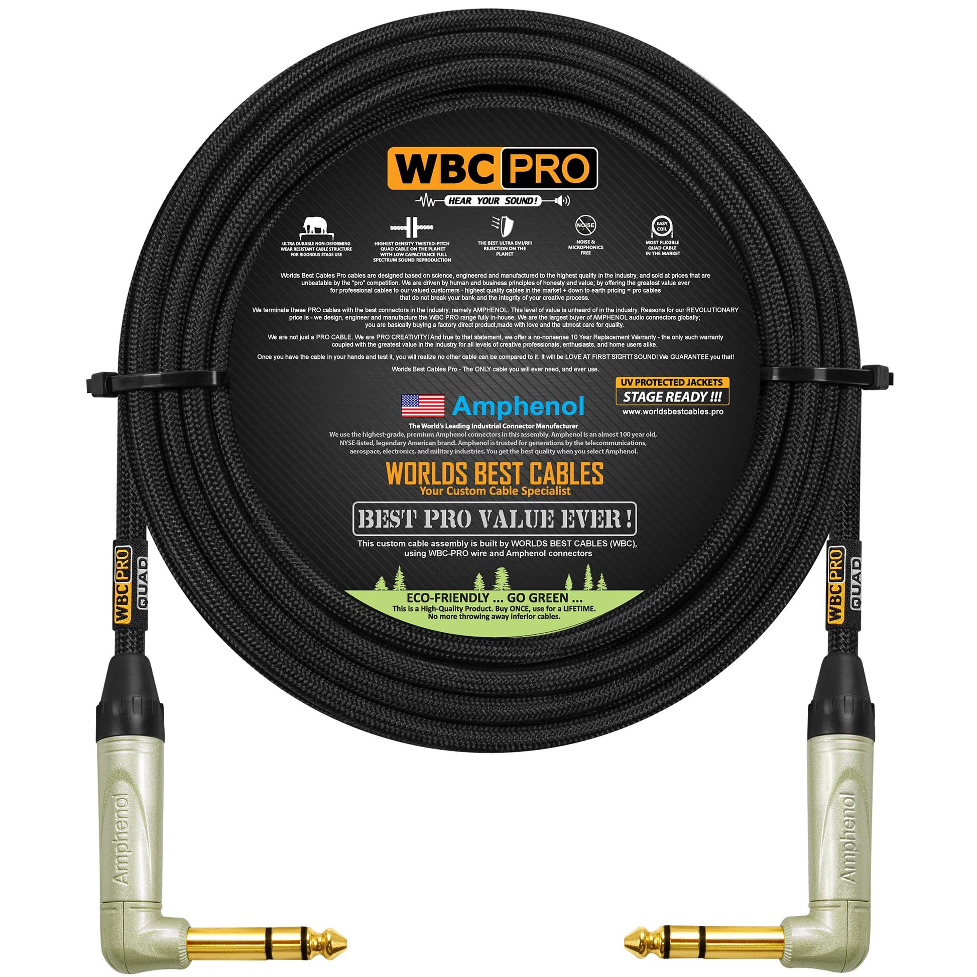 Cable Balanceado WBC-PRO-Quad Negro Ultra Silencioso y Flexible con Conectores TRS Amphenol de Oro para Teléfonos Stereo