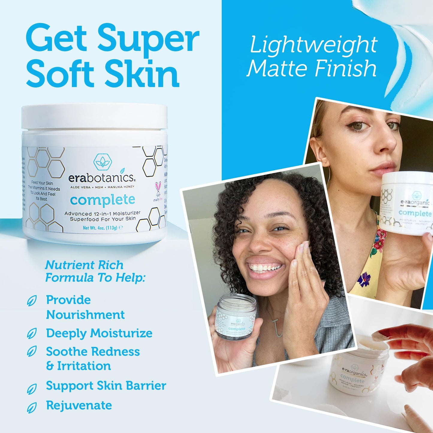 Natural Face Moisturizer Cream 4oz Advanced Healing 10-in-1 Non Greasy Formula with Organic Aloe Vera, Manuka Honey, Coconut Oil & More. Best Face Cream for Oily, Dry, Damaged & Sensitive Skin