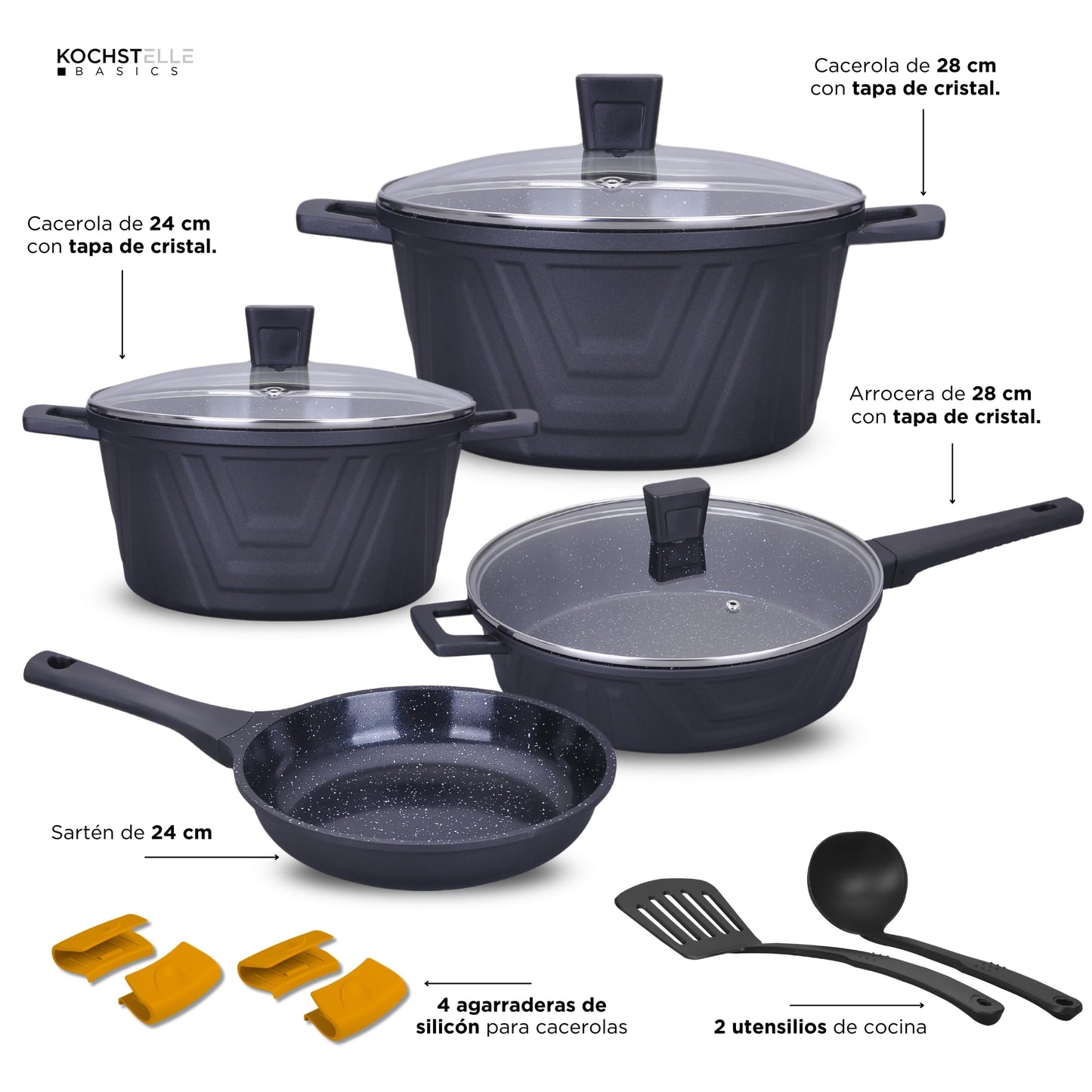 KOCHSTELLE – Bateria de cocina de mármol Antiadherente 13 piezas – Juego de utensilios de cocina de inducción - Juego de ollas y sartenes para cocinar – Modern Negra