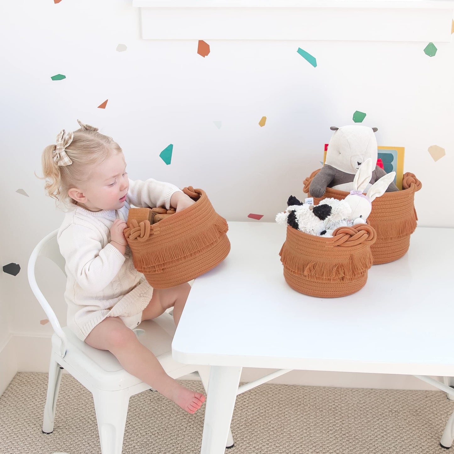 NaturalCozy Set de 3 canastas de almacenamiento de decoración boho con cuerda de algodón tejida para organizar! Canasta pequeña para cosas de bebé, canasta para baby shower, canasta de regalo, canasta