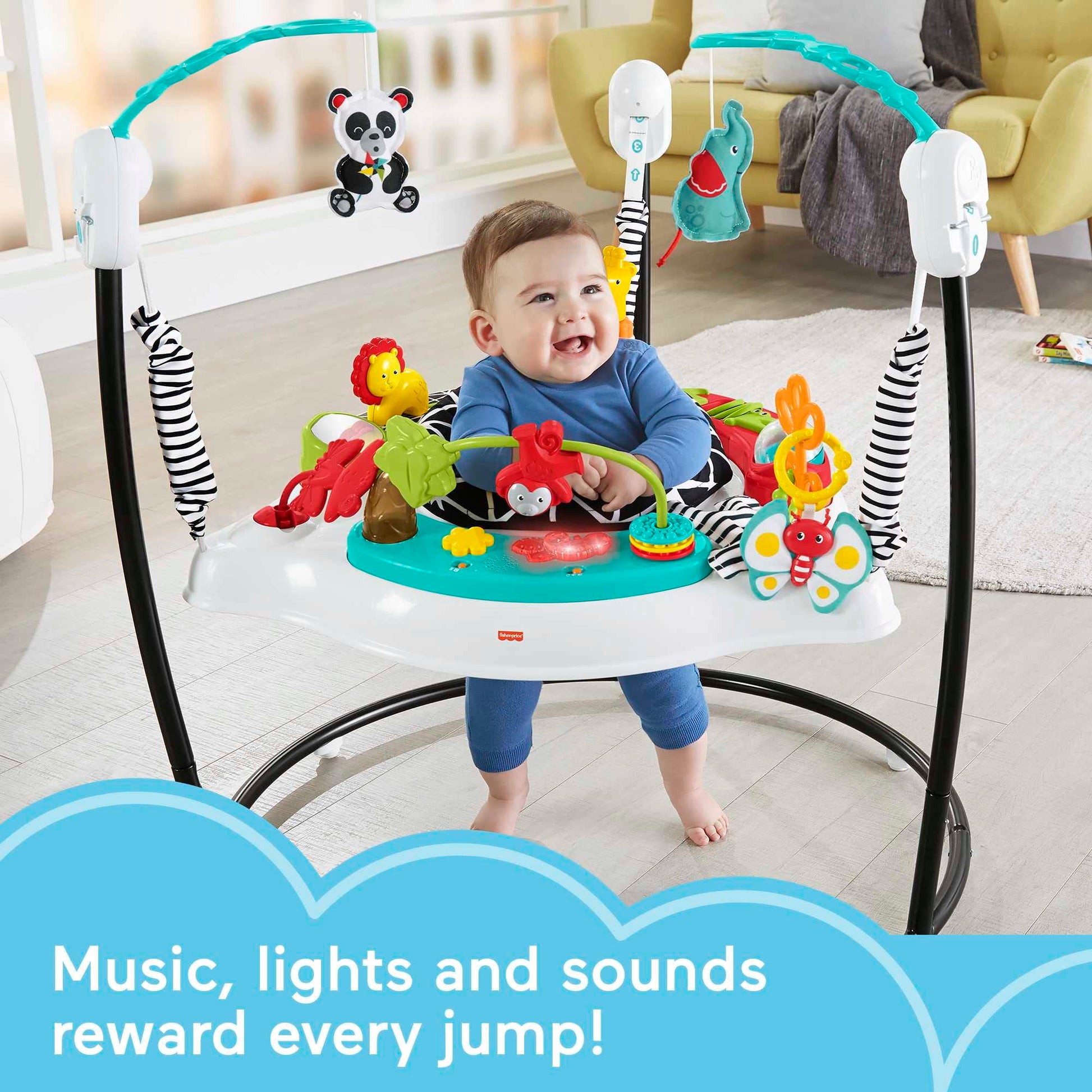 Fisher-Price Baby Bouncer - Centro de actividades musicales de pétalos rosados con luces y juguetes de desarrollo