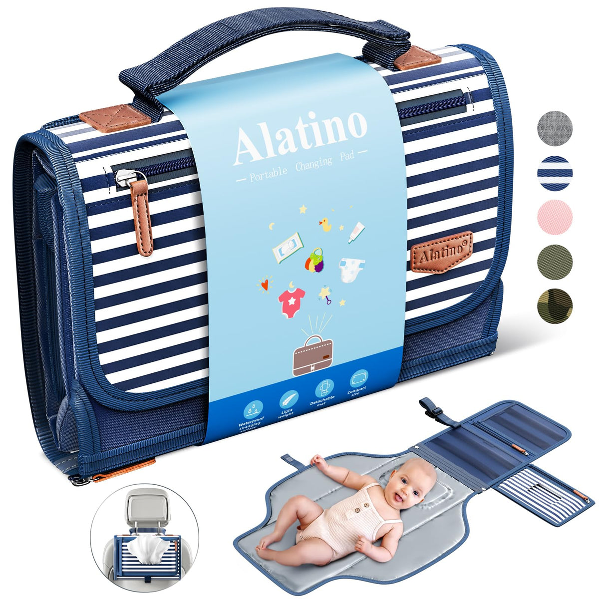 Cambiador de pañales portátil para bebé, cambiador de viaje desmontable con bolsillo para toallitas de bebé, regalos para baby shower, niñas recién nacidas y niños (azul marino)