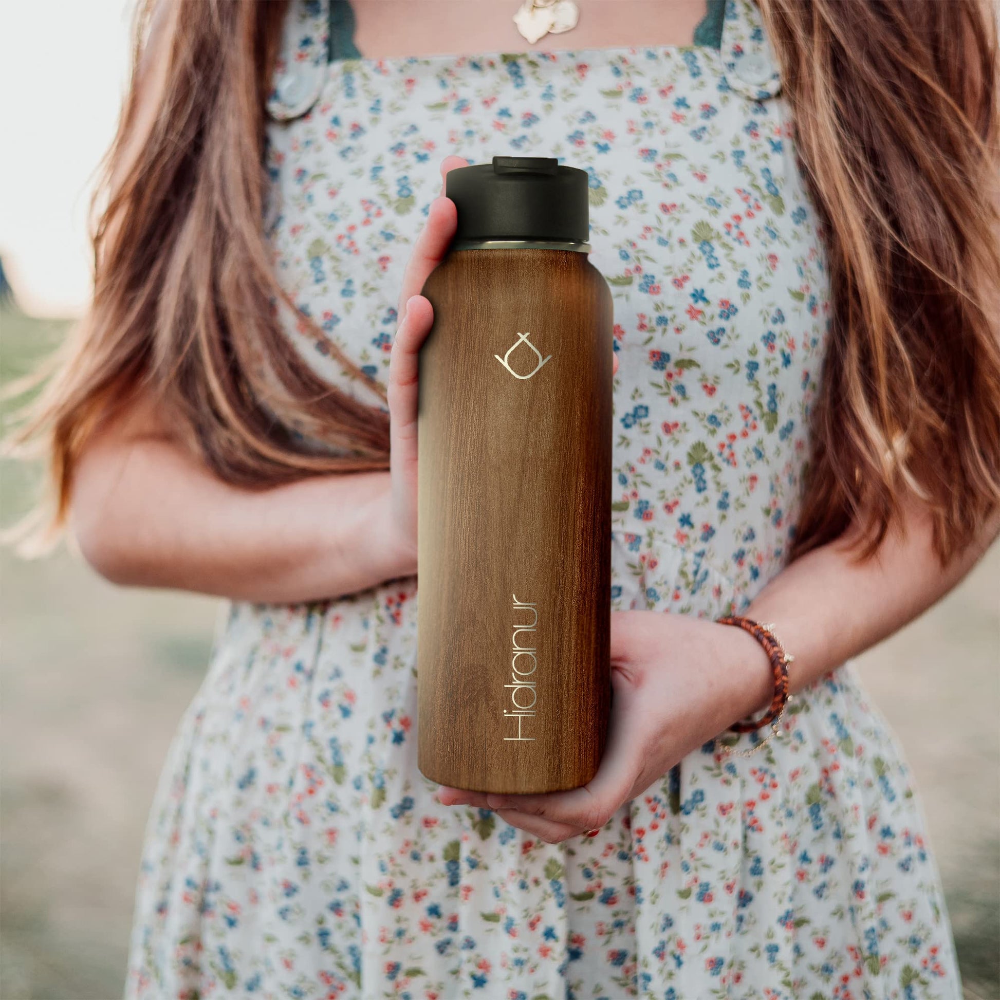 Hidranur Termo de Acero Inoxidable Doble Aislamiento Térmico, Termo Para Café 32 oz (946.35 ml), 3 Tapas Herméticas, 2 Popotes, 24 Hrs de Agua Caliente y Fría (Madera, 32 Oz (946.35 ml))