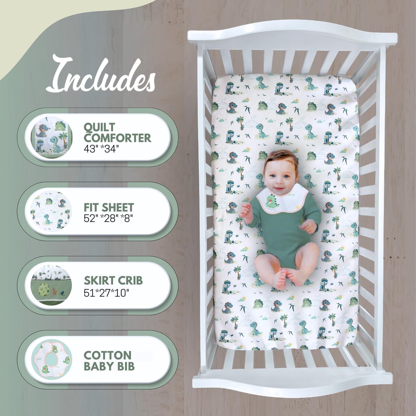 TrenD'lay - Juego de cama de 3 piezas para cuna para niños o niñas, incluye edredón y falda de cama