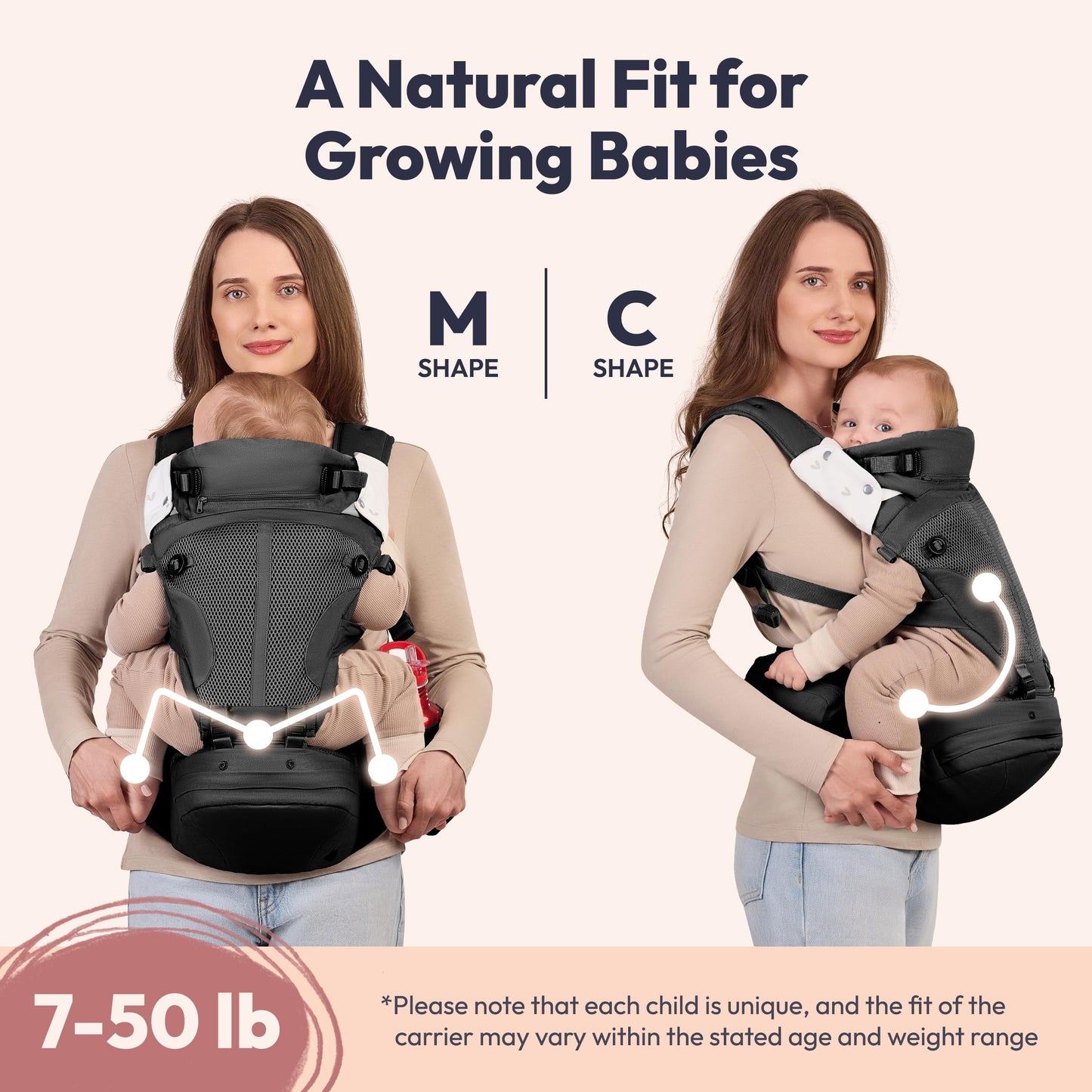 BabbleRoo Grow Plus Portabebés – Portabebés de algodón orgánico certificado de seguridad con asiento de cadera desmontable, amplio almacenamiento, hebilla magnética, bolsa de almacenamiento, comodidad