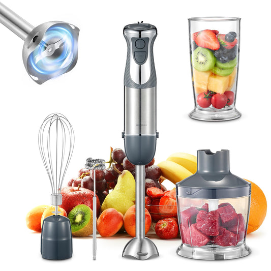 Licuadora de inmersión manual 5 en 1 – Licuadora de mano de 1000 W con motor de cobre, hoja de acero inoxidable, vaso de mezcla, procesador de alimentos, batidor, espumador de leche para batidos, puré