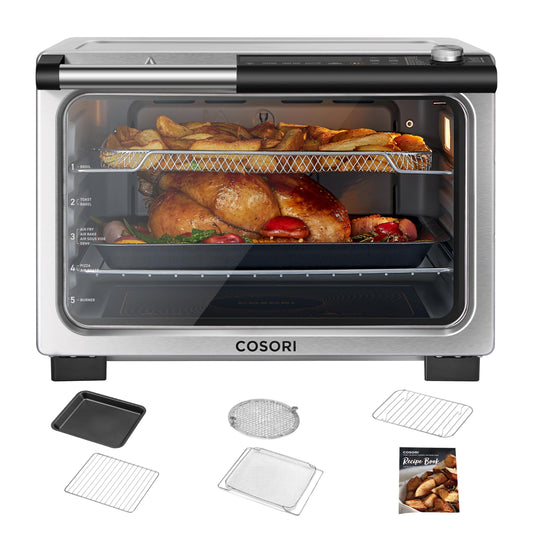 COSORI 11 en 1 Fridora de aire de cerámica tostador, elementos calefactores sellados planos para una fácil limpieza, innovadora función de quemador, 5 accesorios y recetas, 26 cuartos de galón, plata,