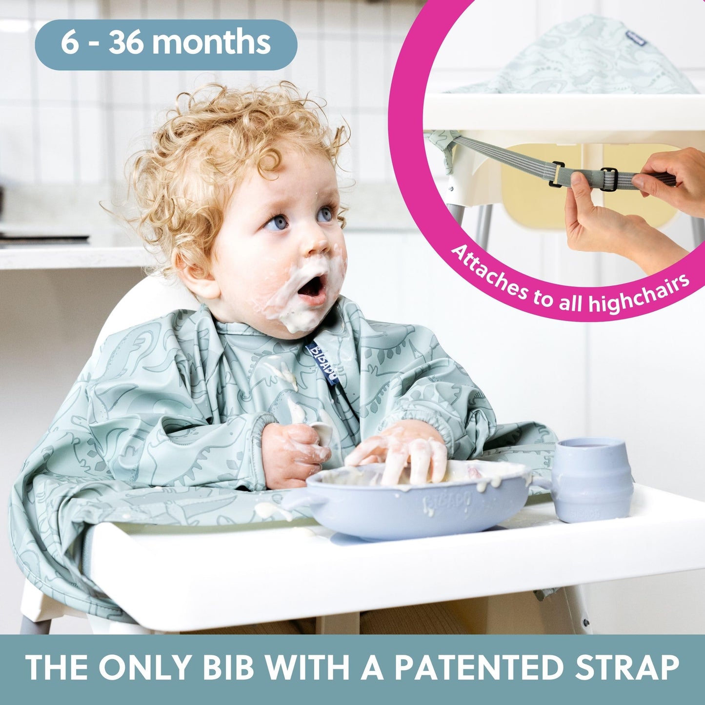 Bibado Baberos para bebé con mangas – Babero de destete LED para niños pequeños y bebés, 6-36 meses, se fija a sillas altas, cochecitos, mesas, Rugido de Dino, One Size