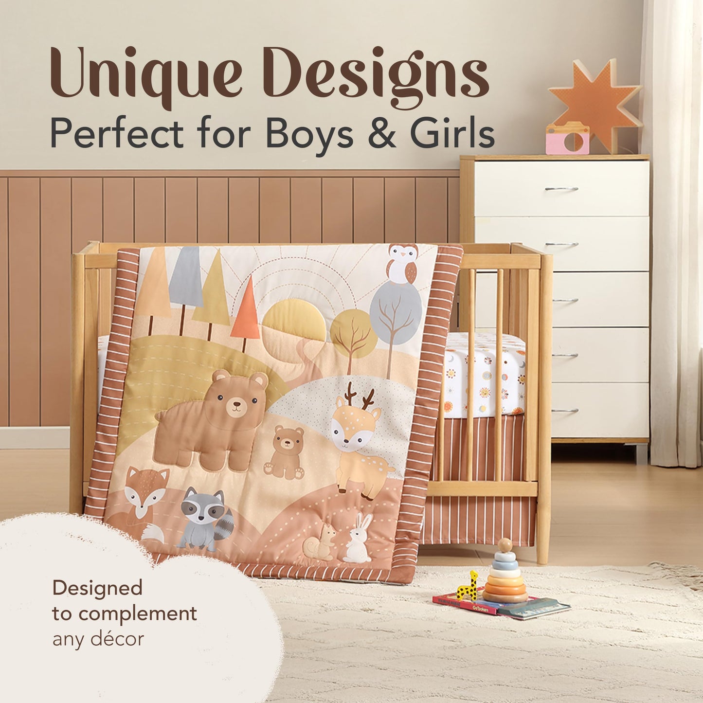 El juego de sábanas de 3 piezas para cuna de The Hōmistry para niños y niñas - Edredón reversible, sábana ajustada, falda de cuna - Juego de ropa de cuna de microfibra suave, transpirable y duradera