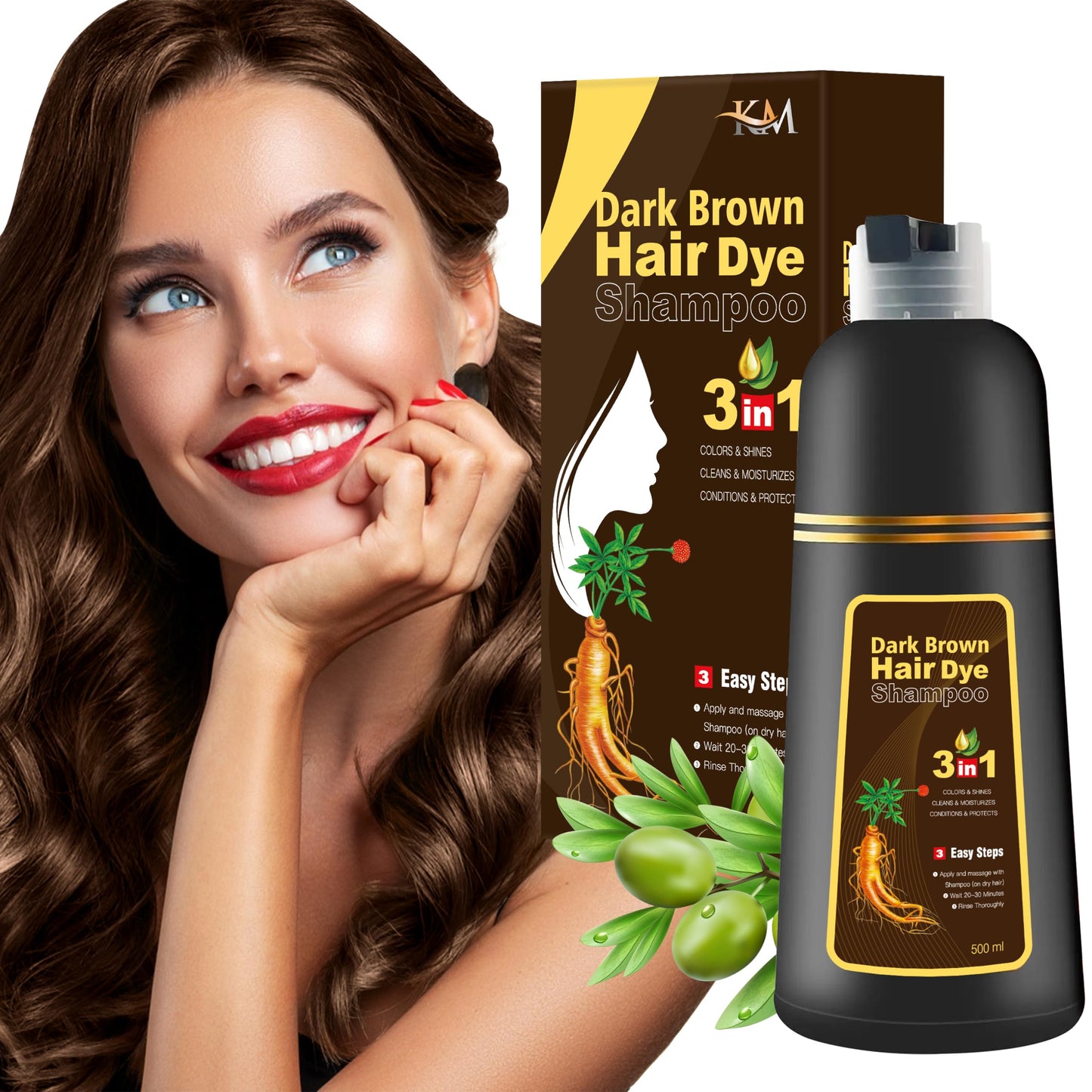 KILOMETS Champú para teñir el cabello/ Tintes Para El Cabello-Champú para teñir el cabello de castaño oscuro para mujeres-Cobertura de canas-Coloración instantánea con ingredientes herbales suaves-Larga duración-Sin amoníaco 500ML