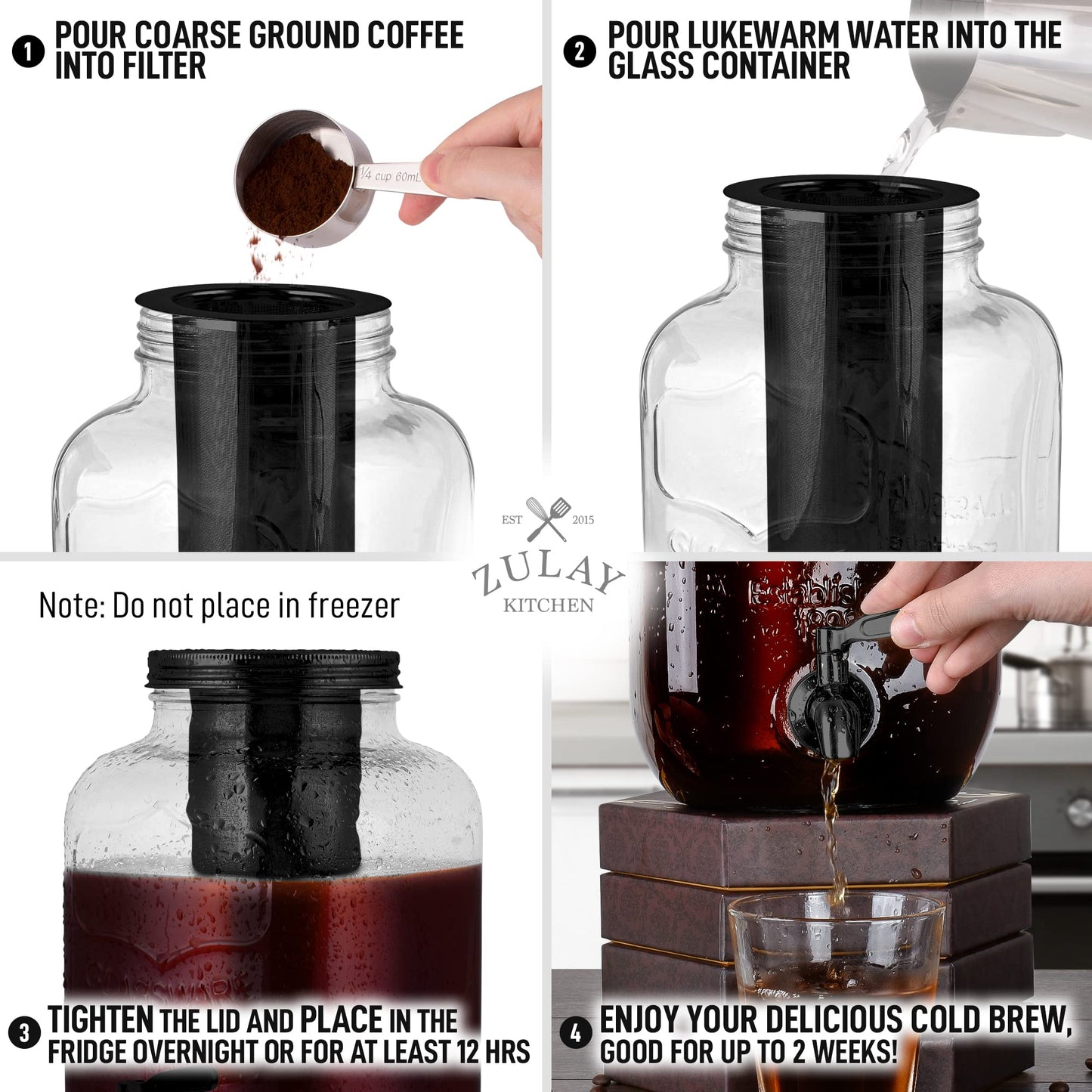 Cafetera de 1 galón con jarra de vidrio extragruesa y filtro de malla de acero inoxidable – Cafetera helada premium, jarra de cerveza fría e infusor de té – por Zulay Kitchen (negro)