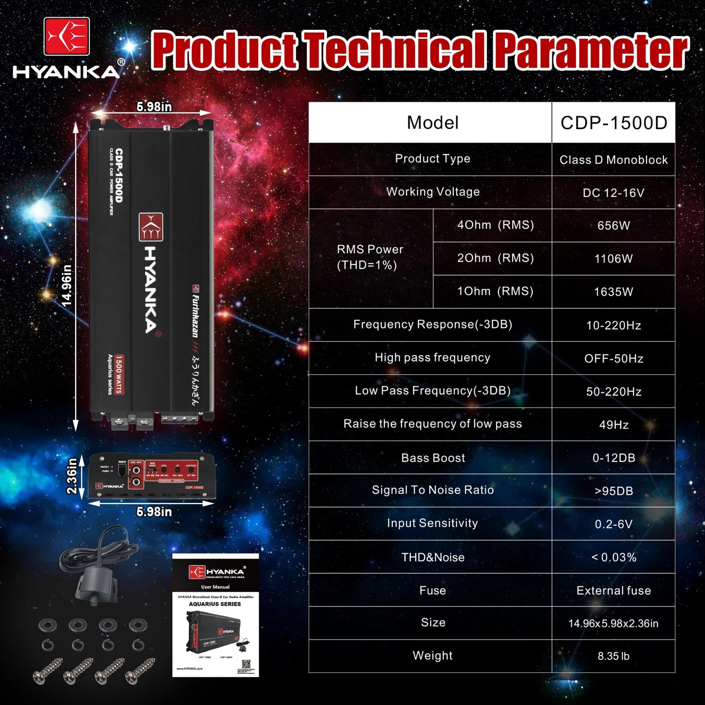 HYANKA CDP-1500D - Amplificador de subwoofer de audio para coche de clase D de 1 canal con refuerzo de graves, 1500 W RMS de alta salida, 1/2/4 ohmios estable, entradas de nivel bajo (RCA), fuente de