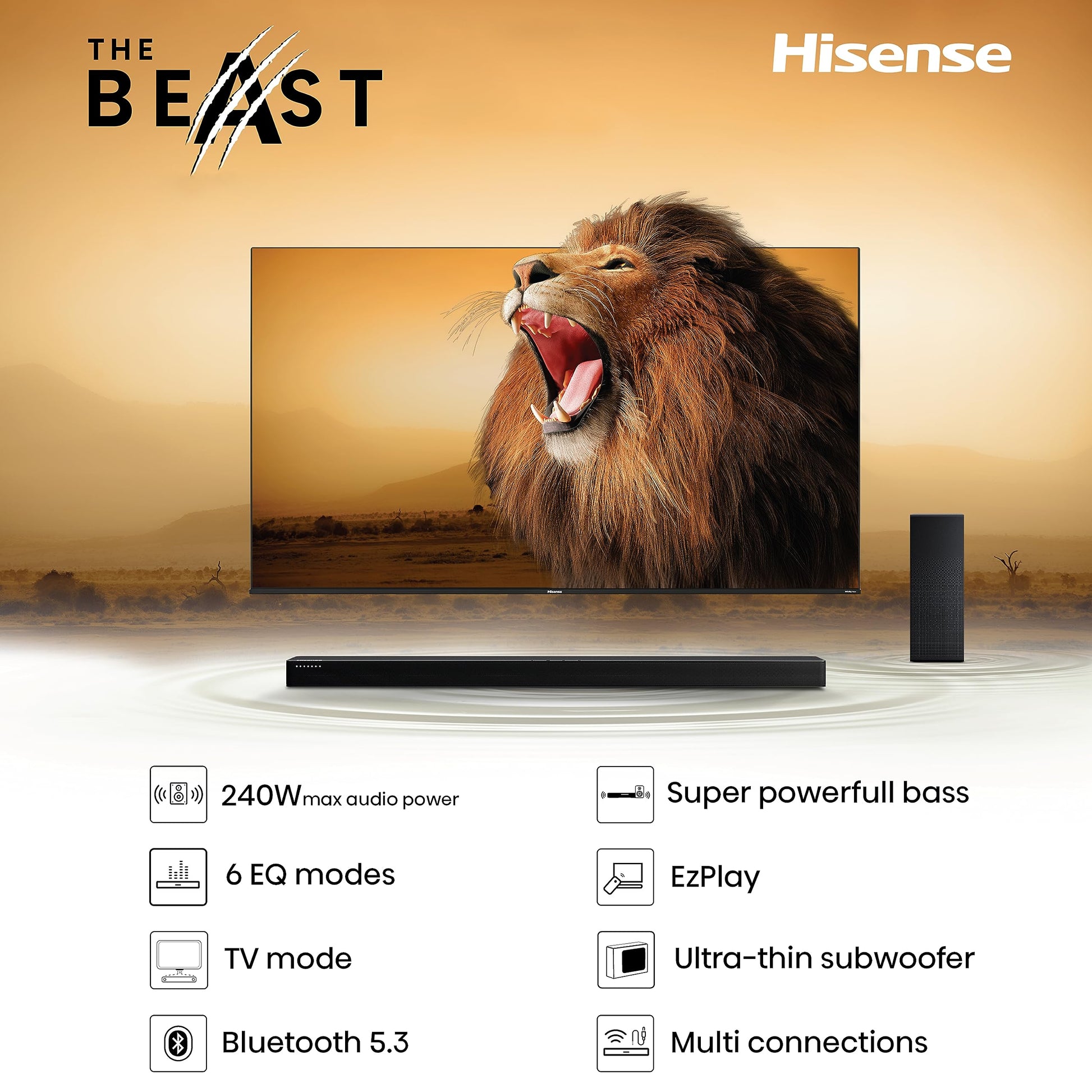 Hisense Barra de Sonido HS2100 (2023) 2.1 Ch 240W con DTS Virtual X, Subwoofer, HDMI eARC y Bluetooth