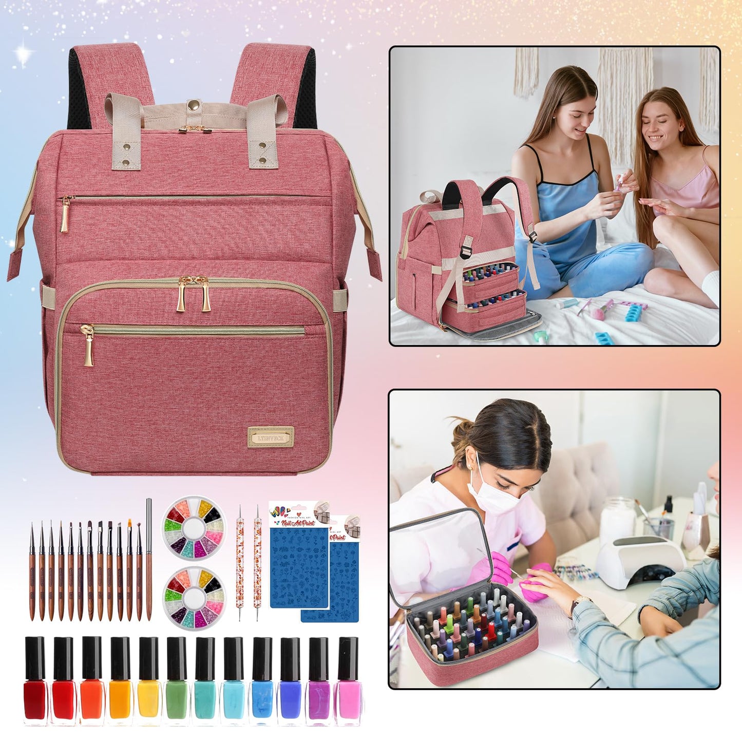 LTINVECK - Funda organizadora de esmalte de uñas con capacidad para 70 botellas y lámpara de uñas, 2 capas desmontables, kit de suministros de uñas, Rosado, Viajes