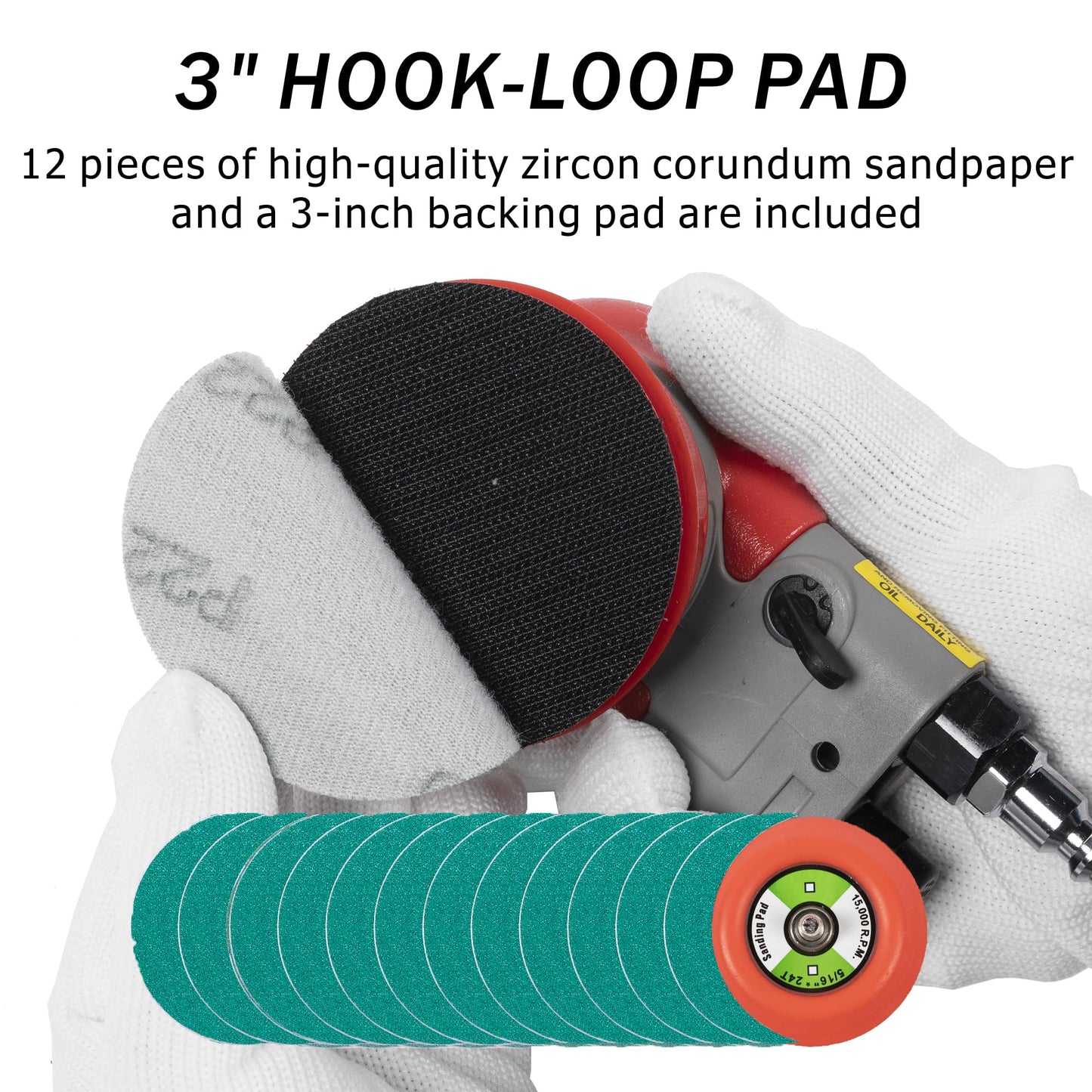 Lijadora orbital aleatoria neumática Lijadora de palma ligera de 7,6 cm (3/32 pulgadas) de diámetro órbita de 12000 RPM con almohadilla de respaldo adicional y 12 piezas de papel de lija