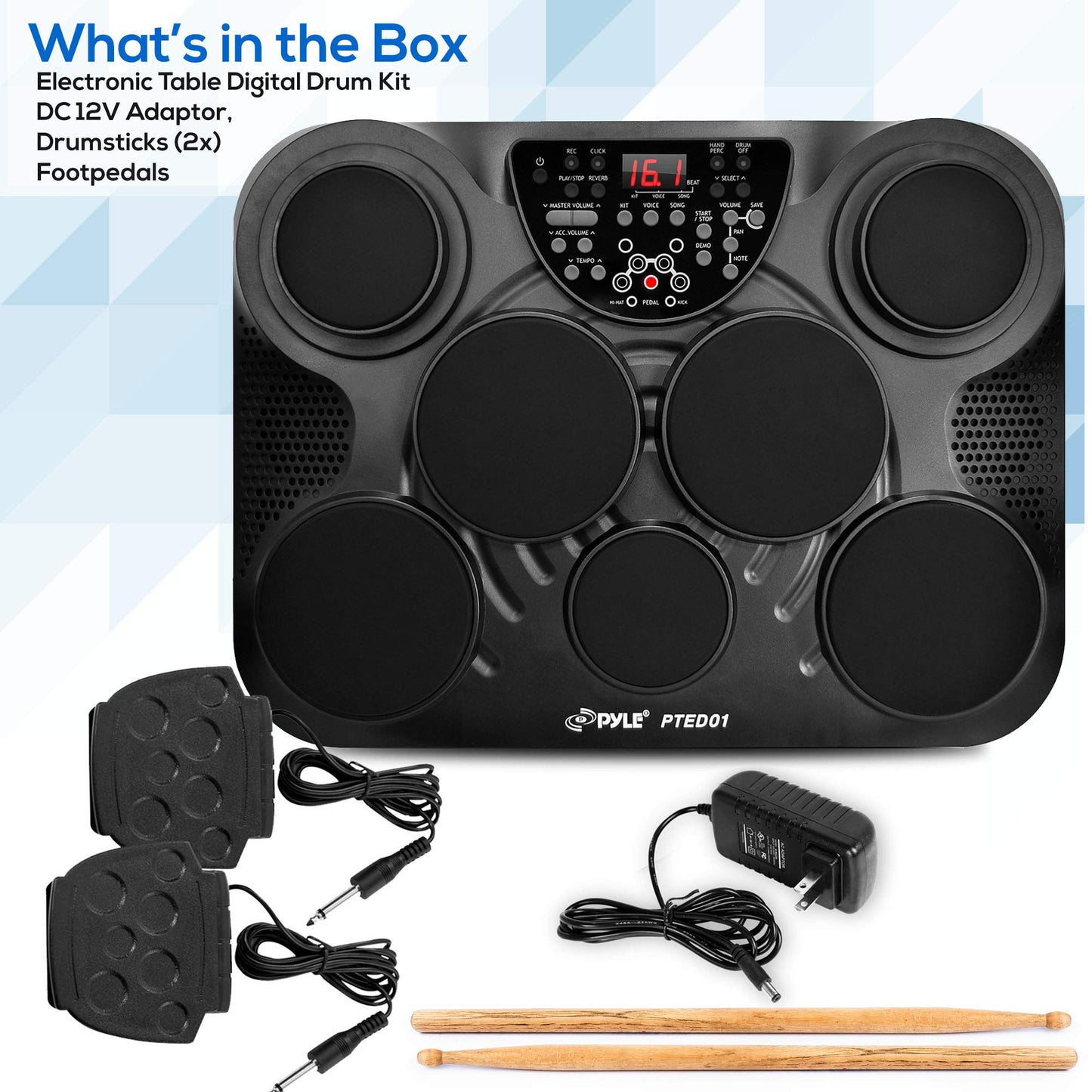 Pyle-Pro - Kit De Batería Digital De Mesa Electrónica Pted01 Con Tapa Y Kit De Batería Digital De 7 Compases