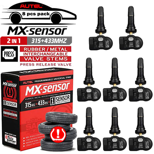 Autel TPMS Sensors Autel MX - Juego de 8 sensores universales de neumáticos de doble frecuencia, 315 MHz/433 MHz, sensor Autel MX de vástago de goma programable por TS508 TS408 TS508WF TS608 MS906TS