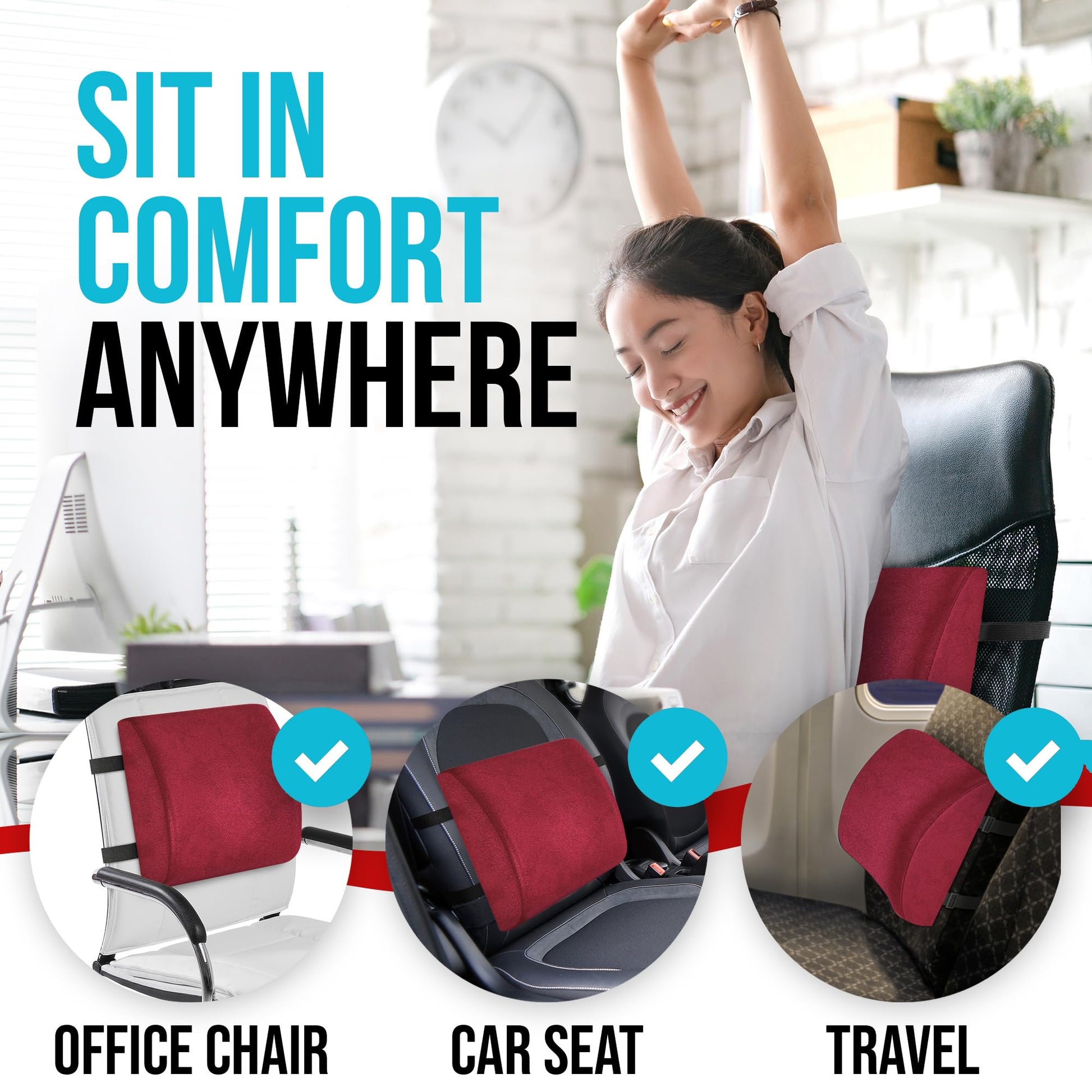 FORTEM Cojín Lumbar de Silla de Oficina, Almohada de Apoyo Lumbar, Cojín Lumbar para Silla de Escritorio, Almohada Viscoelástica para la Espalda, Funda Lavable (Rojo)