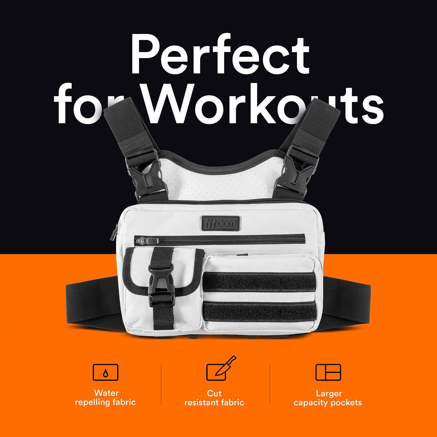 Fitdom - Paquete de pecho deportivo inspirado en la táctica. Bolsa de pecho para hombre con soporte para teléfono integrado. Este chaleco EDC Rig Pouch es perfecto para entrenamientos, ciclismo y