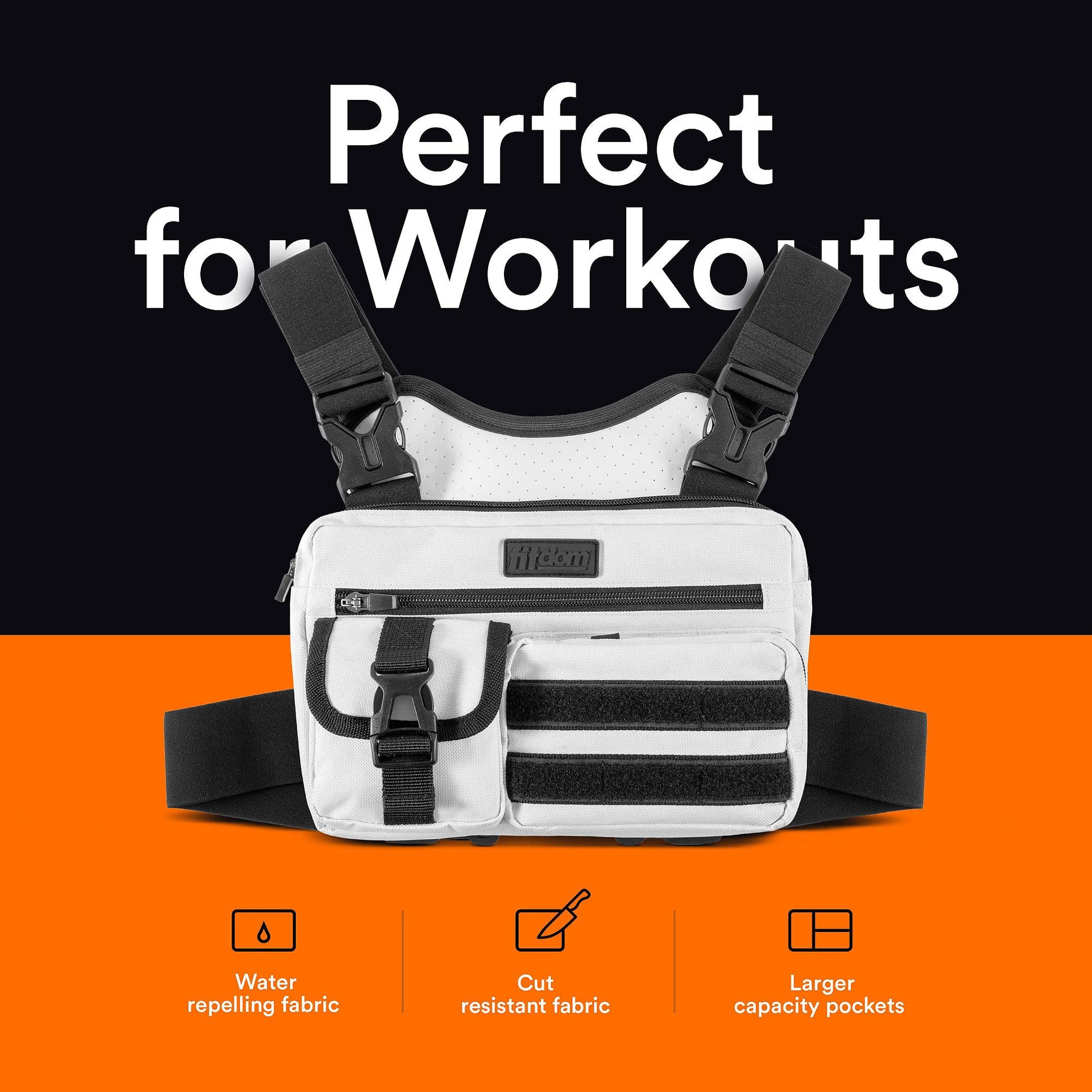 Fitdom - Paquete de pecho deportivo inspirado en la táctica. Bolsa de pecho para hombre con soporte para teléfono integrado. Este chaleco EDC Rig Pouch es perfecto para entrenamientos, ciclismo y