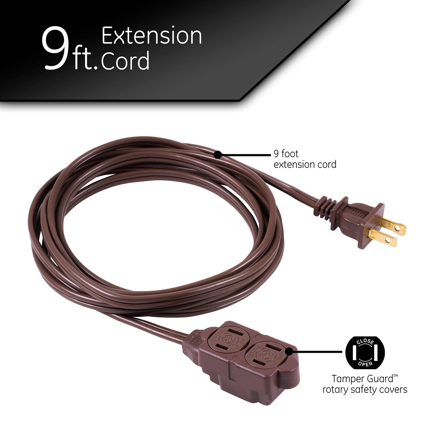 GE Designer - Extensión trenzada, 3 tiras, salidas de 2 dientes, enchufe plano, cable de alimentación sin enredos, perfecto para el hogar, la oficina o la cocina, clasificación UL, 9 ft, Marrón