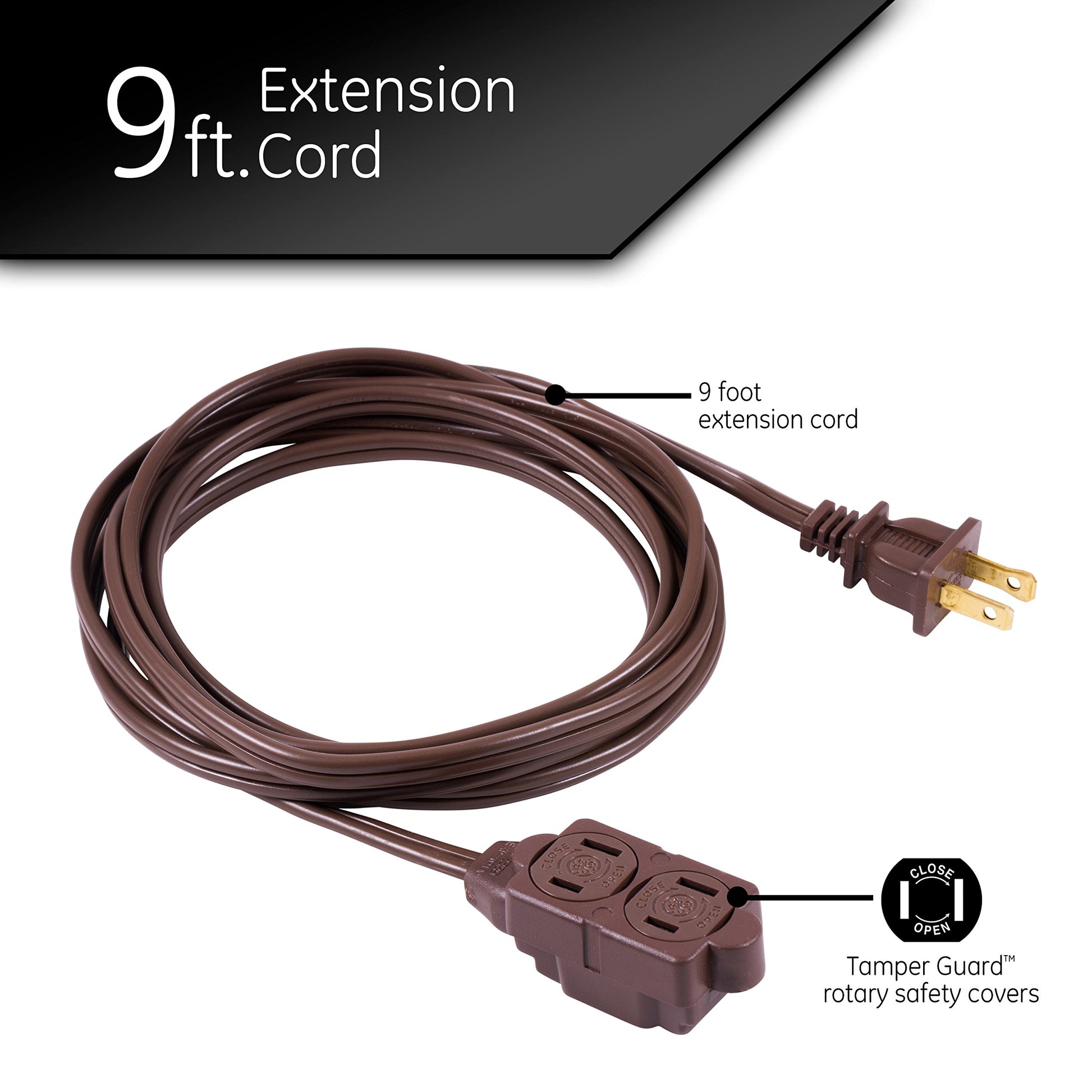 GE Designer - Extensión trenzada, 3 tiras, salidas de 2 dientes, enchufe plano, cable de alimentación sin enredos, perfecto para el hogar, la oficina o la cocina, clasificación UL, 9 ft, Marrón