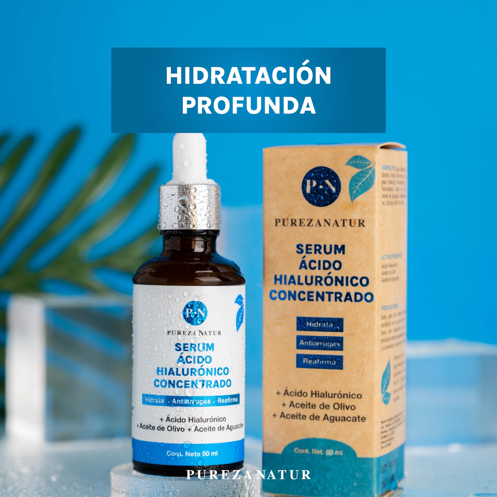 PUREZA NATUR Serum Acido Hialurónico facial Hidratante + Aceite de aguacate y Olivo para la cara skin care | Suero anti aging, para ojeras y arrugas 50ml (Serum AH concentrado)